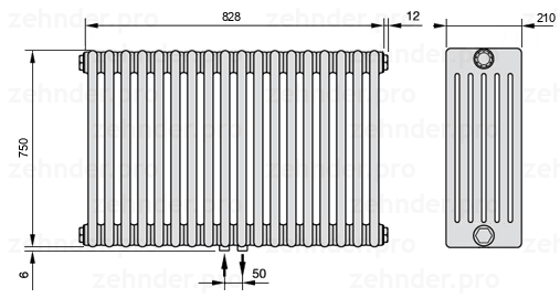 Схема (чертеж) Радиатор Zehnder Charleston 6075/18 №3470 Белый глянцевый RAL 9016